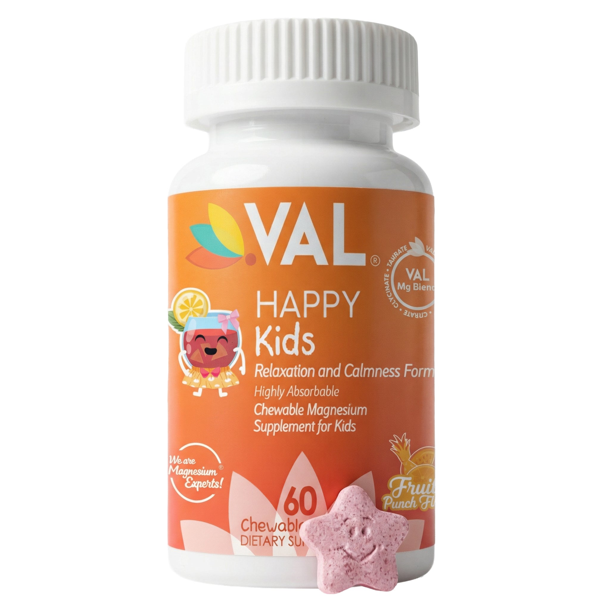Calm, Focus & Relaxation Sugar-Free Chewable Magnesium for Kids | 60 Tablets | VAL Happy Kids | Fruit Punch