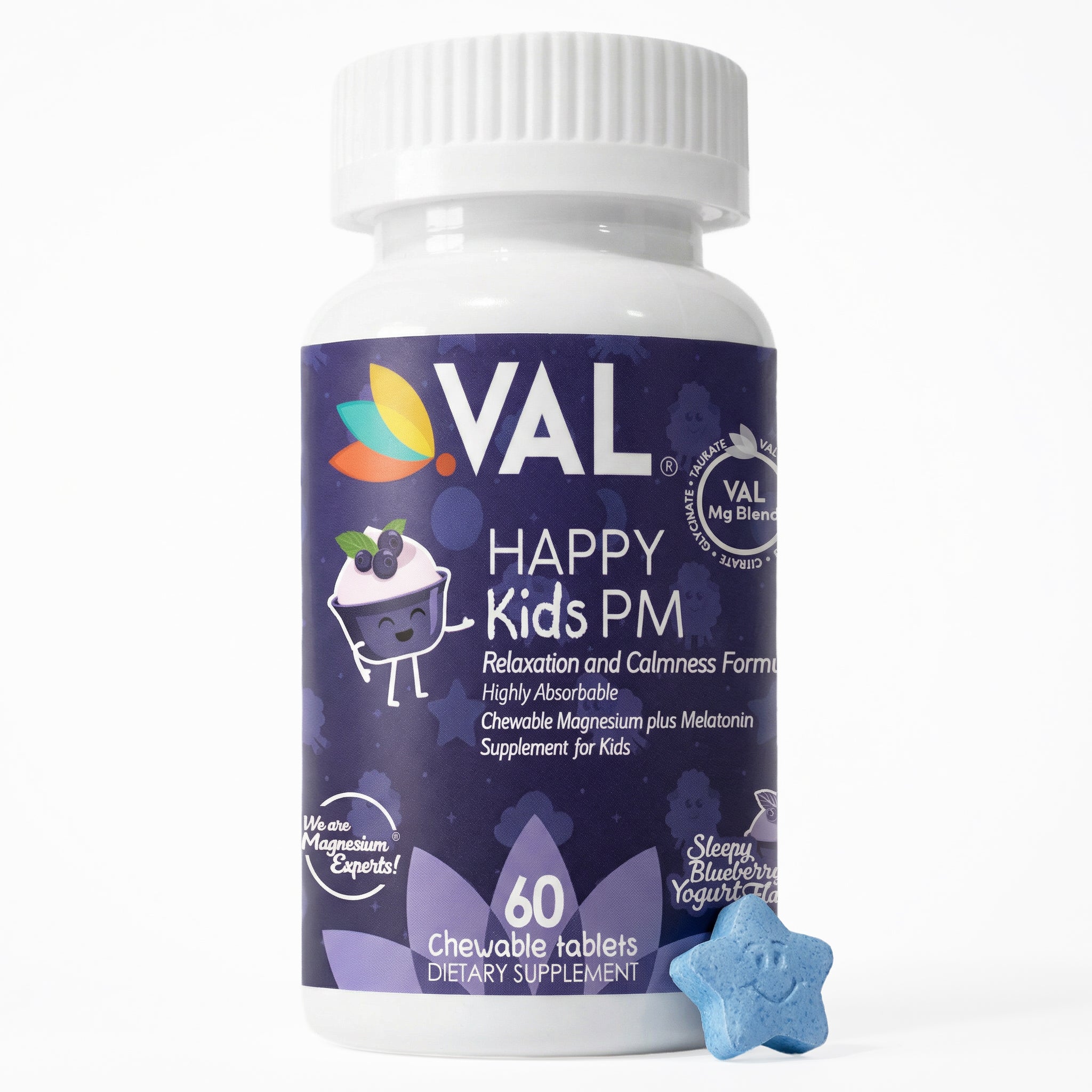 Peaceful Sleep & Bedtime Calm Sugar-Free Chewable – Magnesium + Melatonin, Vitamin B6 & C | 60 Tablets | VAL Happy Kids | Blueberry Yogurt.