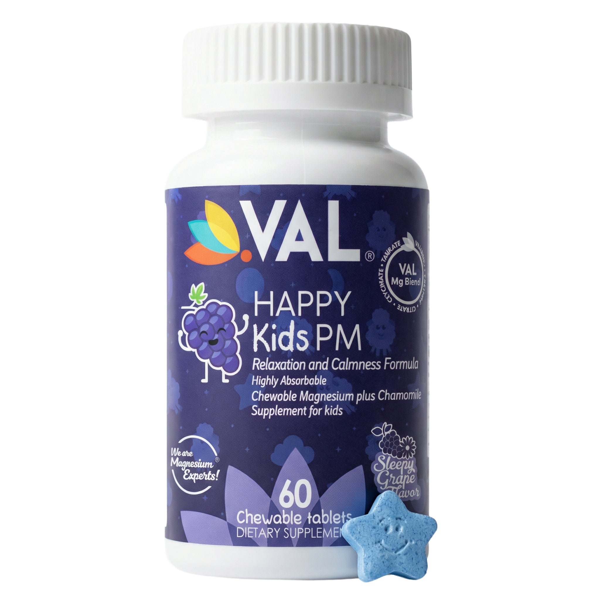 Peaceful Sleep & Bedtime Calm Sugar-Free Chewable – Magnesium + Chamomile | 60 Tablets | VAL Happy Kids
