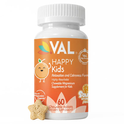 Calm, Focus & Relaxation Sugar-Free Chewable Magnesium for Kids | 60 Tablets | VAL Happy | Sour Orange