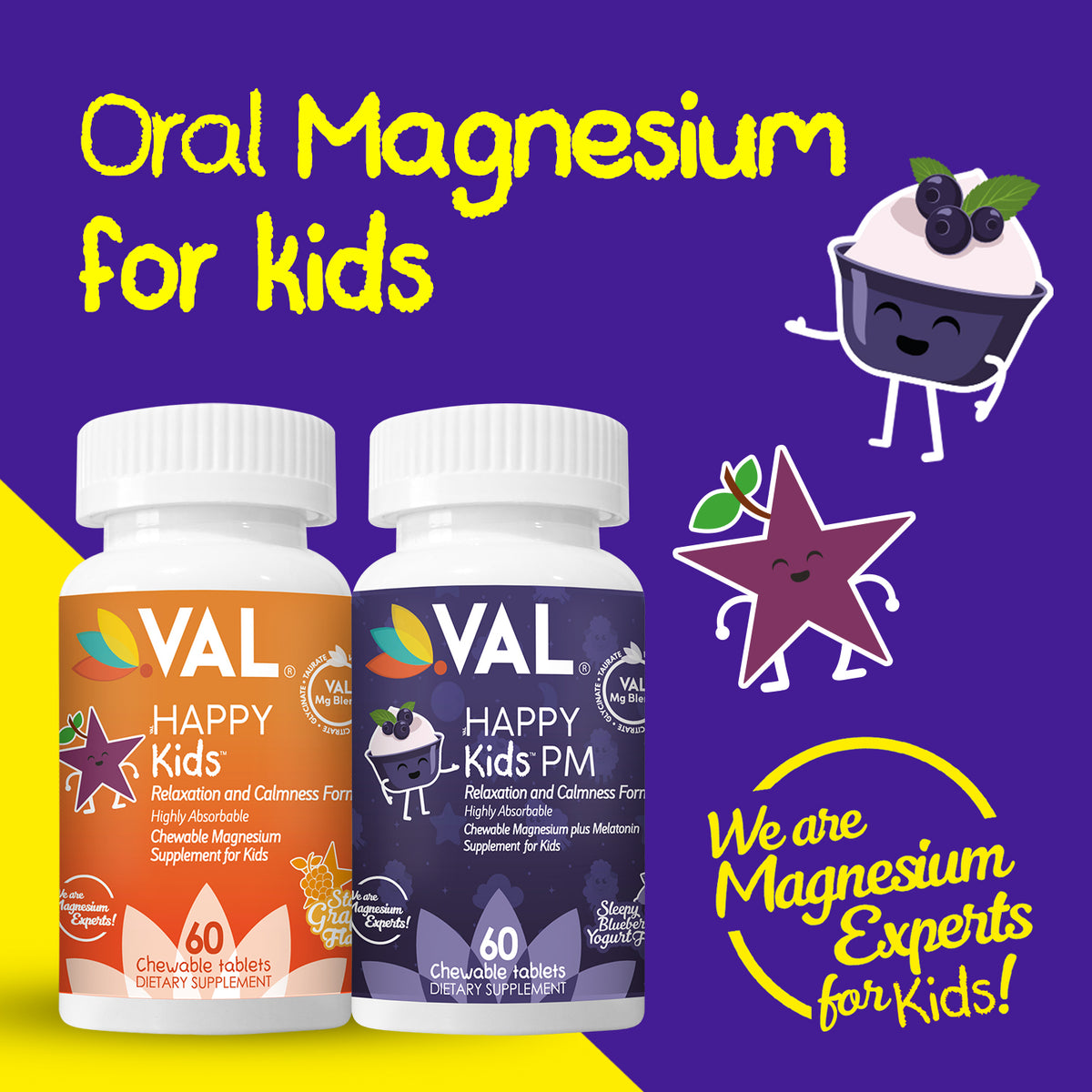 Dual Action | Focus + Sleep Support - Magnesium Day & Night Chewables for Kids | VAL Happy Kids