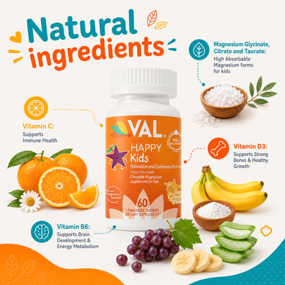Calm, Focus & Relaxation Sugar-Free Chewable Magnesium for Kids | 60 Tablets | VAL Happy Kids | Star Grape