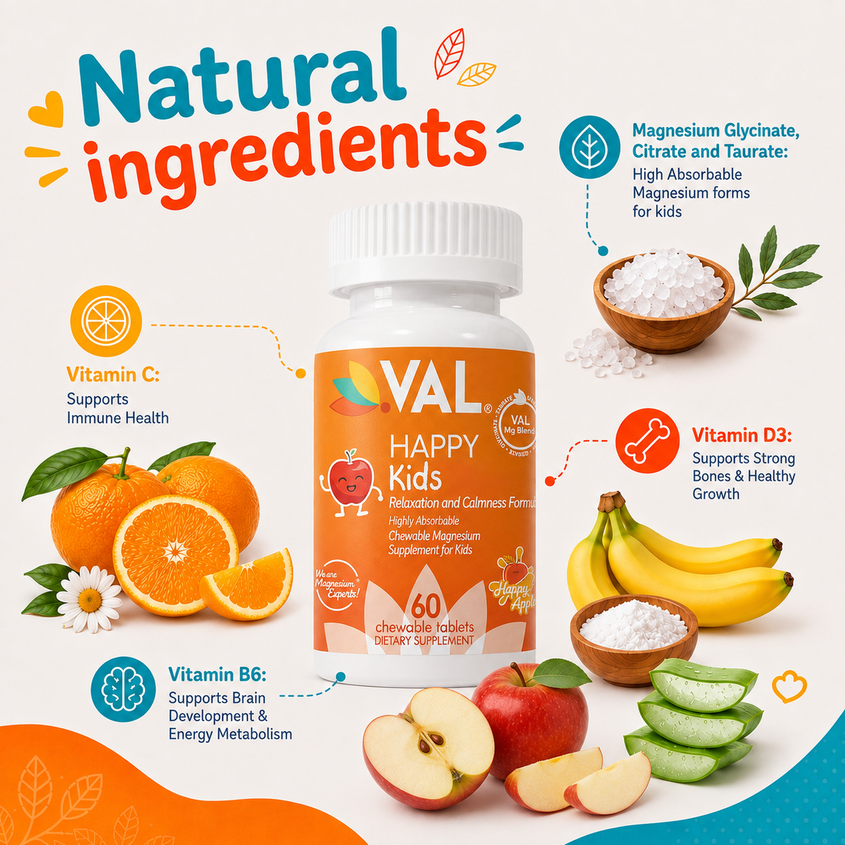 Calm, Focus & Relaxation Sugar-Free Chewable Magnesium for Kids | 60 Tablets | VAL Happy Kids | Apple
