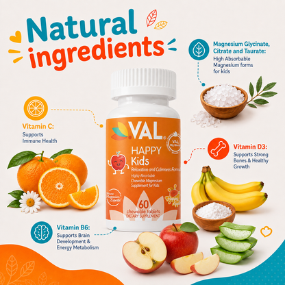 Calm, Focus & Relaxation Sugar-Free Chewable Magnesium for Kids | 60 Tablets | VAL Happy Kids | Apple