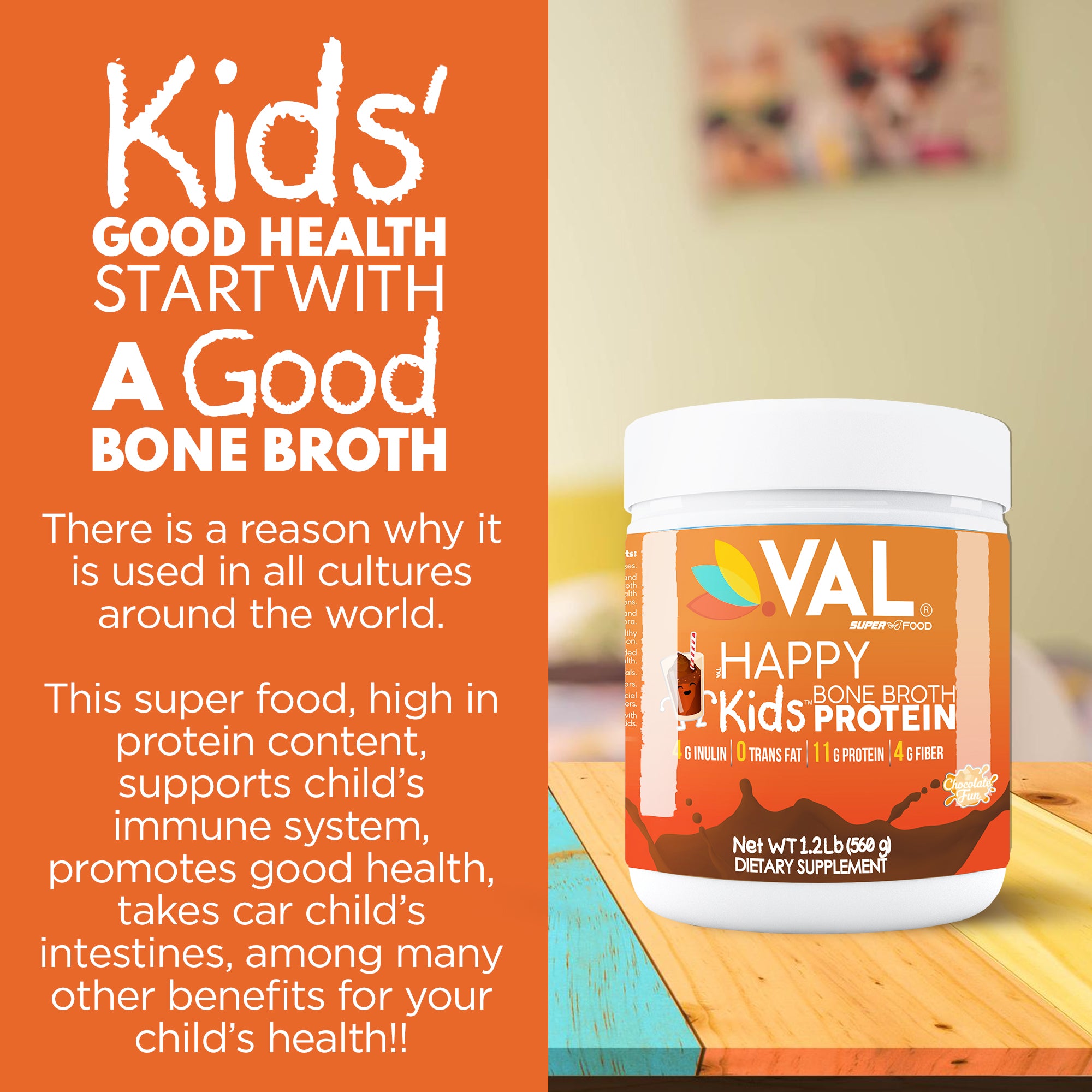 VAL Happy Kids Bone Broth Powder Protein and Collagen Powerhouse: 11g of high-quality protein and 6g of collagen per serving. Enriched with 4g of inulin, Pea Protein, and MCT Oil, Chocolate Fun, 32 servings