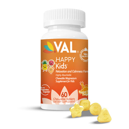 VAL Happy Kids Chewable Magnesium for Kids - Tropical Twist Delight Flavor   Relaxation and Calm Formula - 60 Chewable Tablets