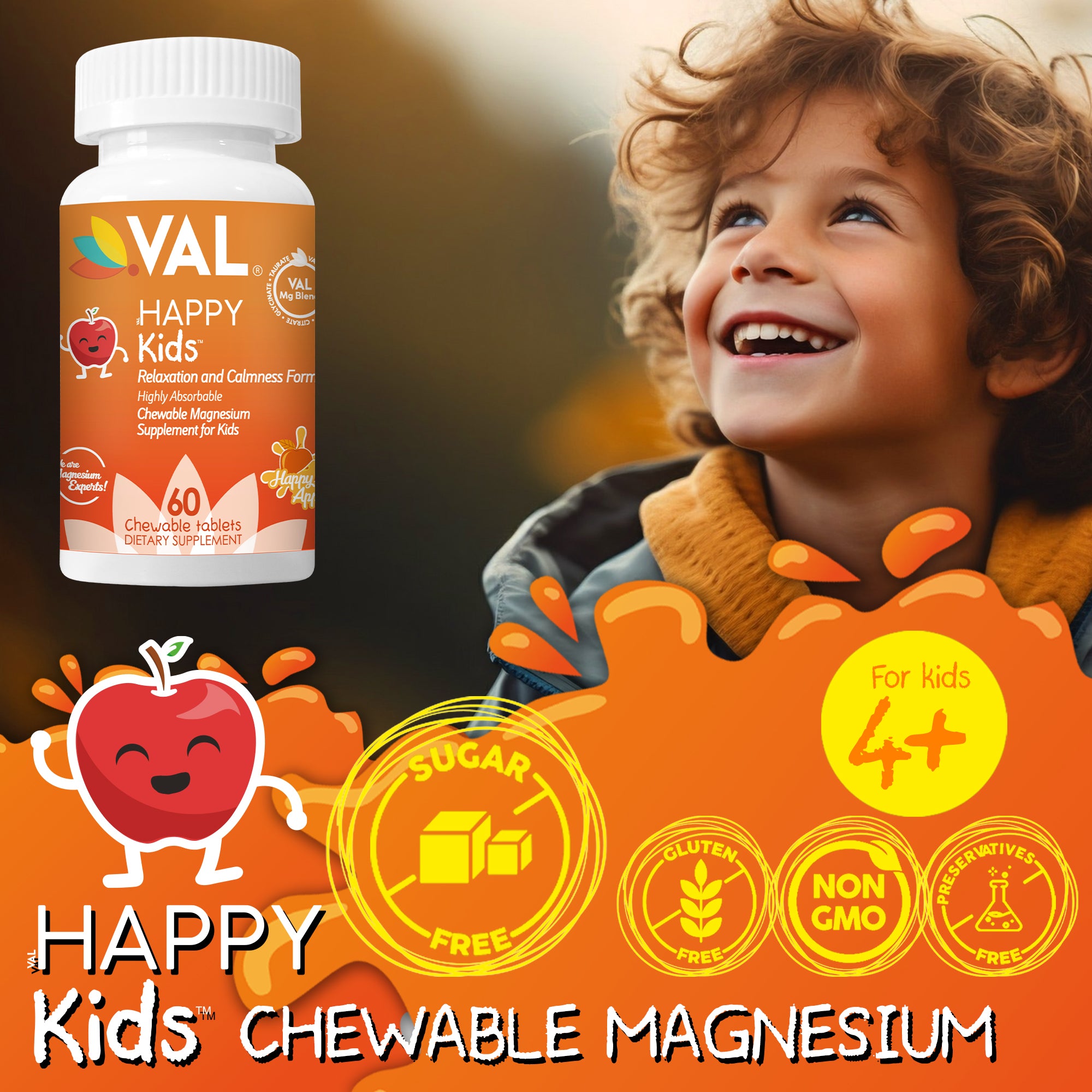 VAL Happy Kids Chewable Magnesium for Kids - Happy Apple Flavor   Relaxation and Calm Formula - 60 Chewable Tablets