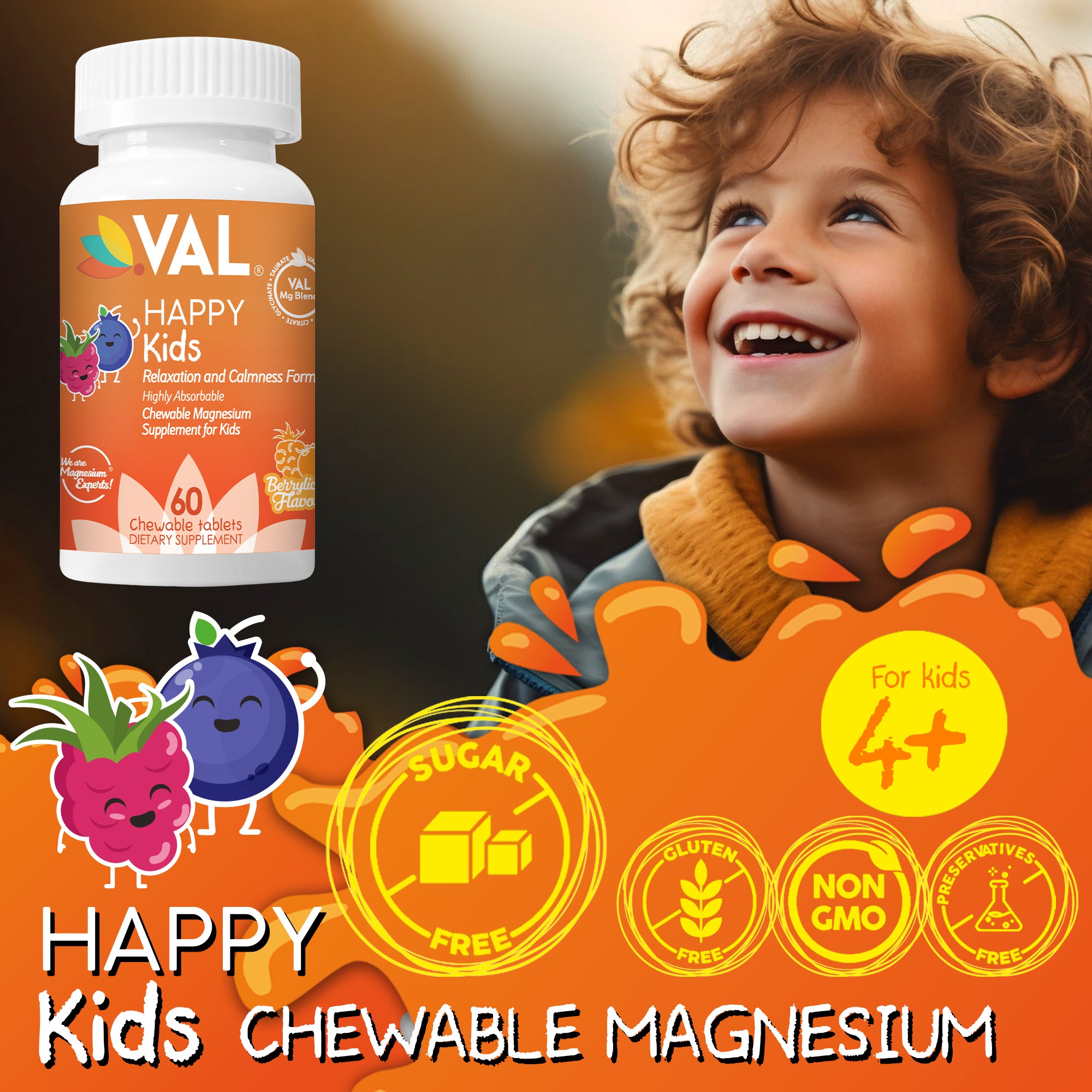 Calm, Focus & Relaxation Sugar-Free Chewable Magnesium for Kids | 60 Tablets | VAL Happy Kids | Berrylicious