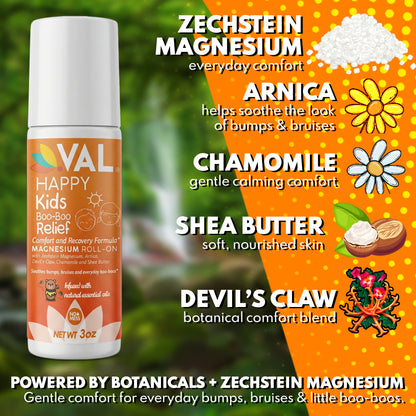 VAL Happy Kids Boo-Boo Relief Magnesium Roll-On for Kids, Zechstein® Magnesium with Arnica & Chamomile, Soothing Comfort Formula, Topical Roll-On, 3 oz