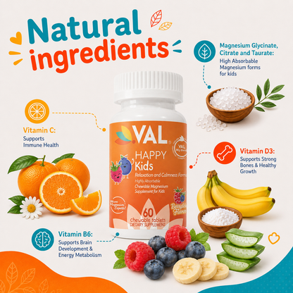 Calm, Focus & Relaxation Sugar-Free Chewable Magnesium for Kids | 60 Tablets | VAL Happy Kids | Berrylicious