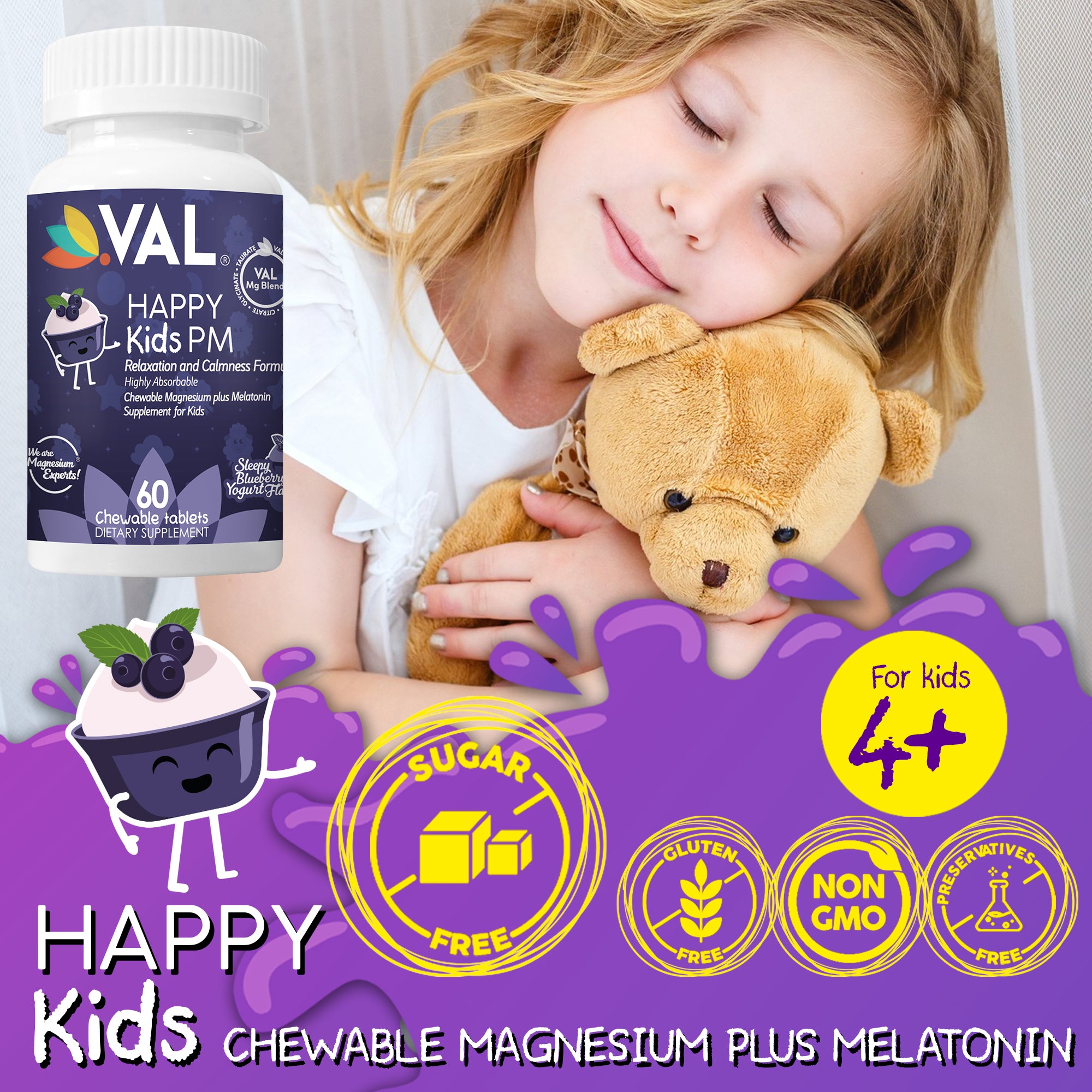 Peaceful Sleep & Bedtime Calm Sugar-Free Chewable – Magnesium + Melatonin, Vitamin B6 & C | 60 Tablets | VAL Happy Kids | Blueberry Yogurt