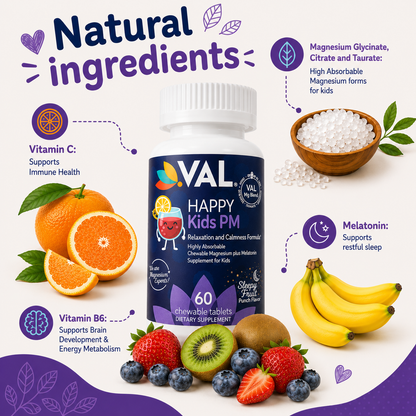 Peaceful Sleep & Bedtime Calm Sugar-Free Chewable – Magnesium + Melatonin, Vitamin B6 & C | 60 Tablets | VAL Happy Kids | Fruit Punch