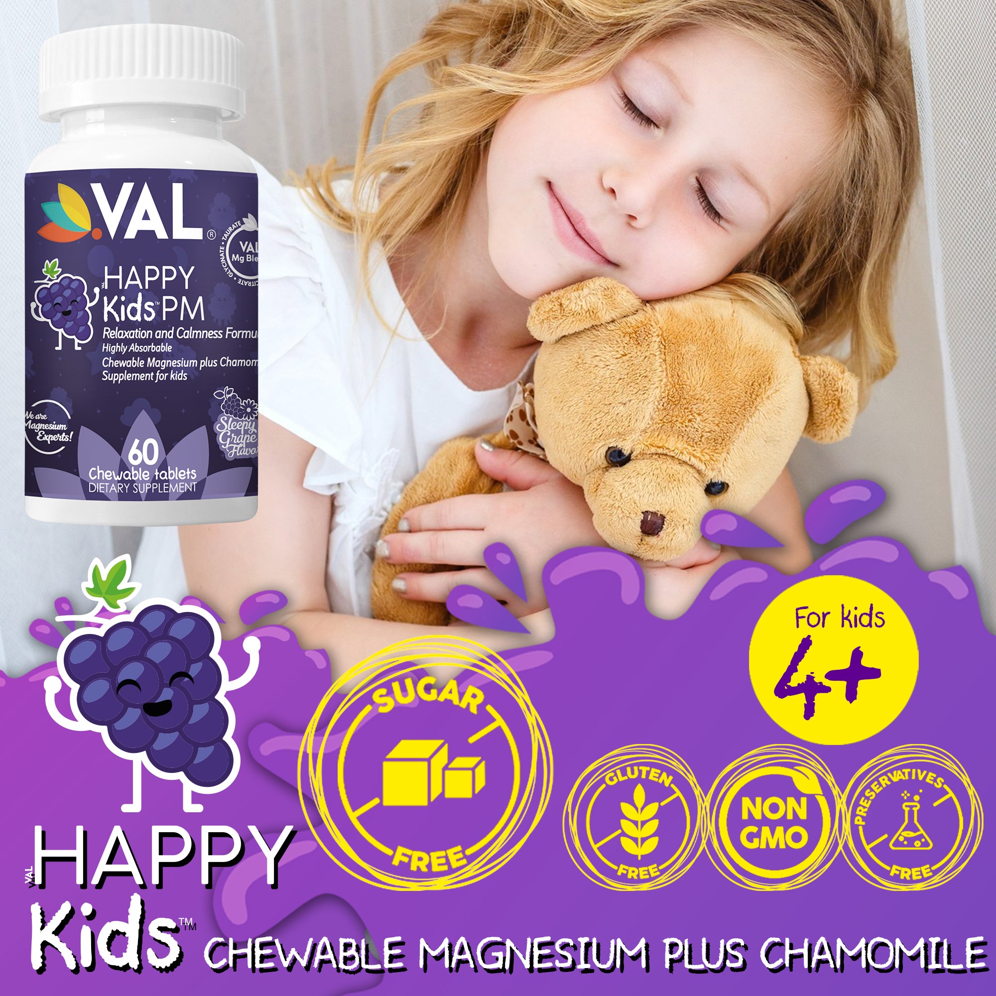 VAL Happy Kids Melatonin plus Magnesium Bedtime Routine Supplement - 60 Chew Tabs