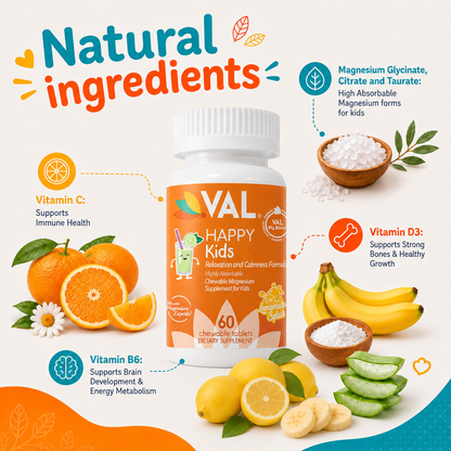 Calm, Focus & Relaxation Sugar-Free Chewable Magnesium for Kids | 60 Tablets | VAL Happy Kids | Lemonade