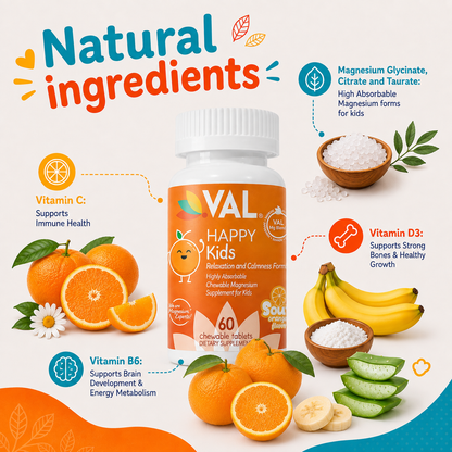 Calm, Focus & Relaxation Sugar-Free Chewable Magnesium for Kids | 60 Tablets | Sour Orange
