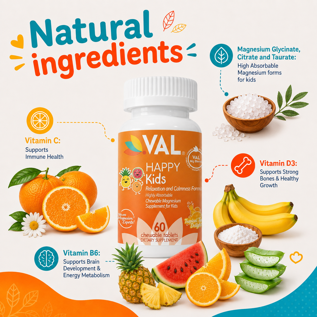 Calm, Focus & Relaxation Sugar-Free Chewable Magnesium for Kids | 60 Tablets | VAL Happy Kids | Tropical Twist
