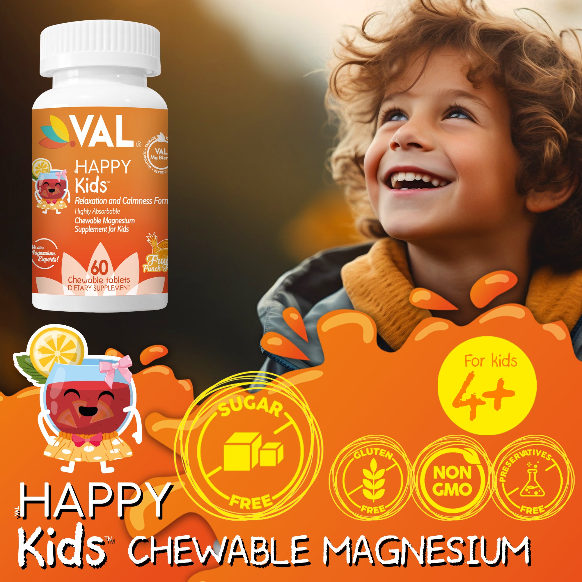 VAL Happy Kids Chewable Magnesium for Kids - Fruit Punch Flavor   Relaxation and Calm Formula - 60 Chewable Tablets