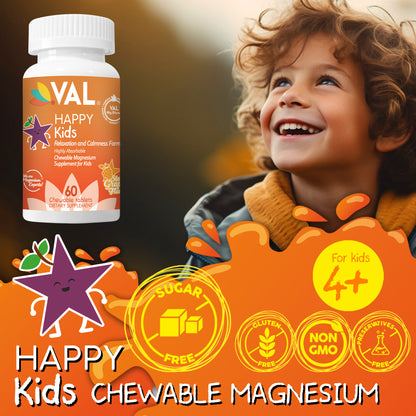 Calm, Focus & Relaxation Sugar-Free Chewable Magnesium for Kids | 60 Tablets | VAL Happy Kids | Star Grape