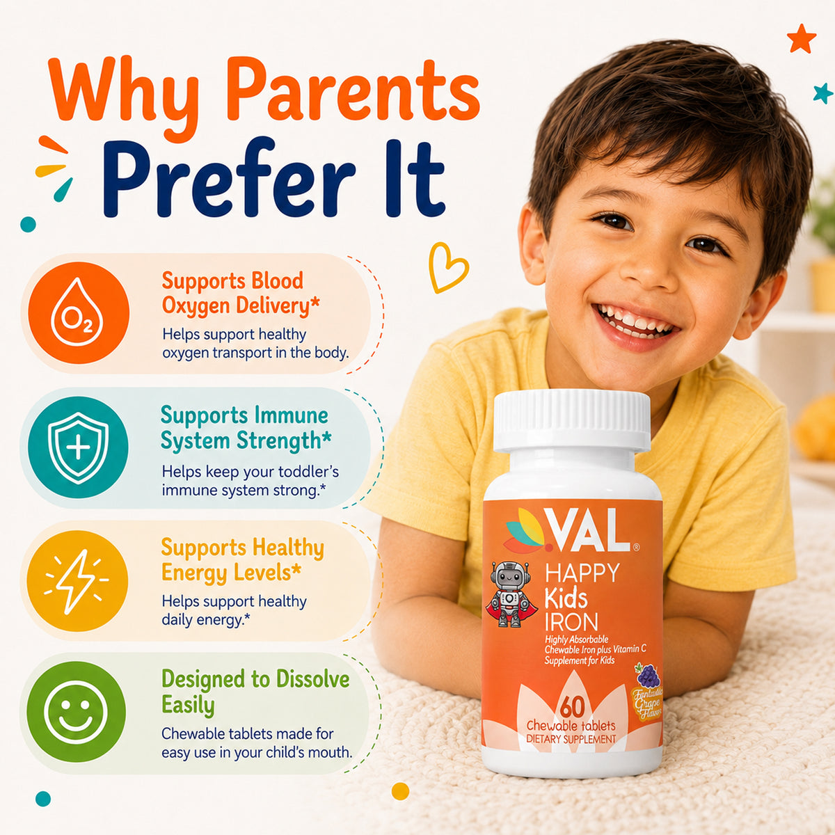 Iron Supplement for Kids Healthy Energy & Support Chewable – Sugar-Free | 60 Fun-Shaped Tablets