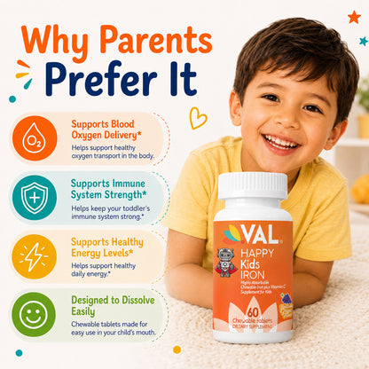 Iron Healthy Energy & Support Chewable for Kids – Sugar-Free | 60 Fun-Shaped Tablets | VAL Happy Kids