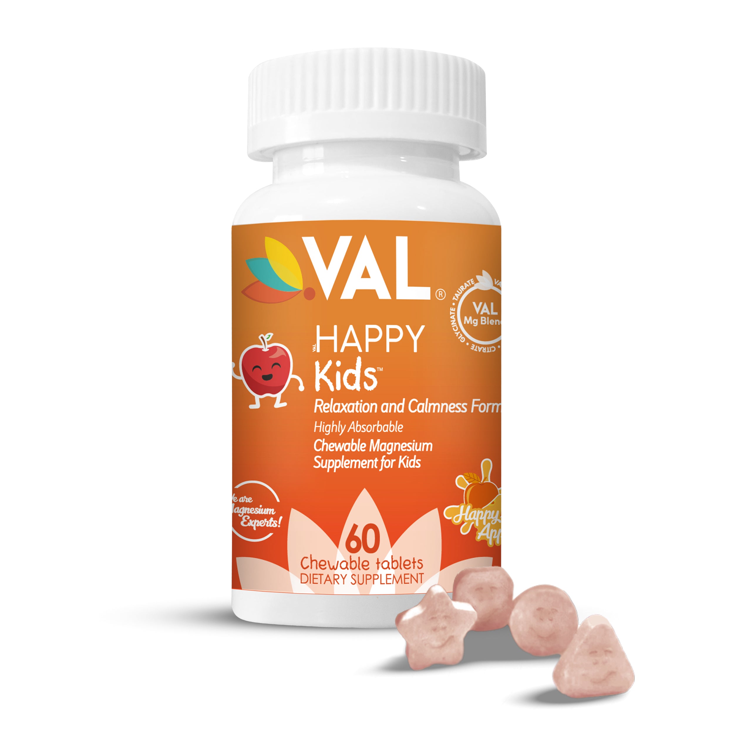 VAL Happy Kids Chewable Magnesium for Kids - Happy Apple Flavor   Relaxation and Calm Formula - 60 Chewable Tablets