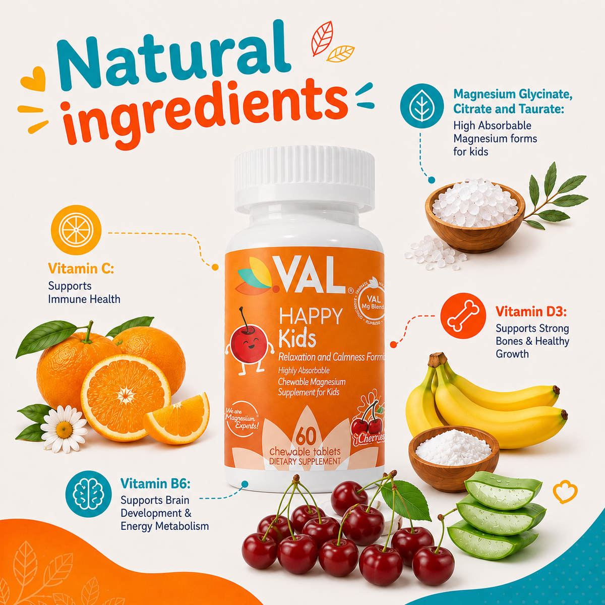 Calm, Focus & Relaxation Sugar-Free Chewable Magnesium for Kids | 60 Tablets | VAL Happy Kids | Yummy Cherry
