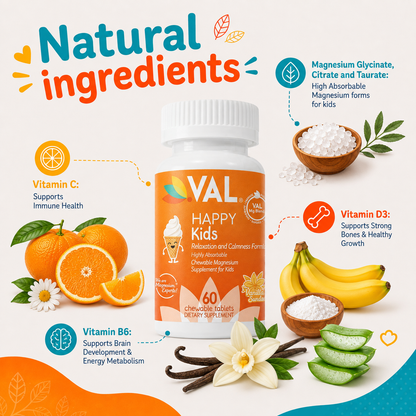 Calm, Focus & Relaxation Sugar-Free Chewable Magnesium for Kids | 60 Tablets | VAL Happy Kids | Vanilla