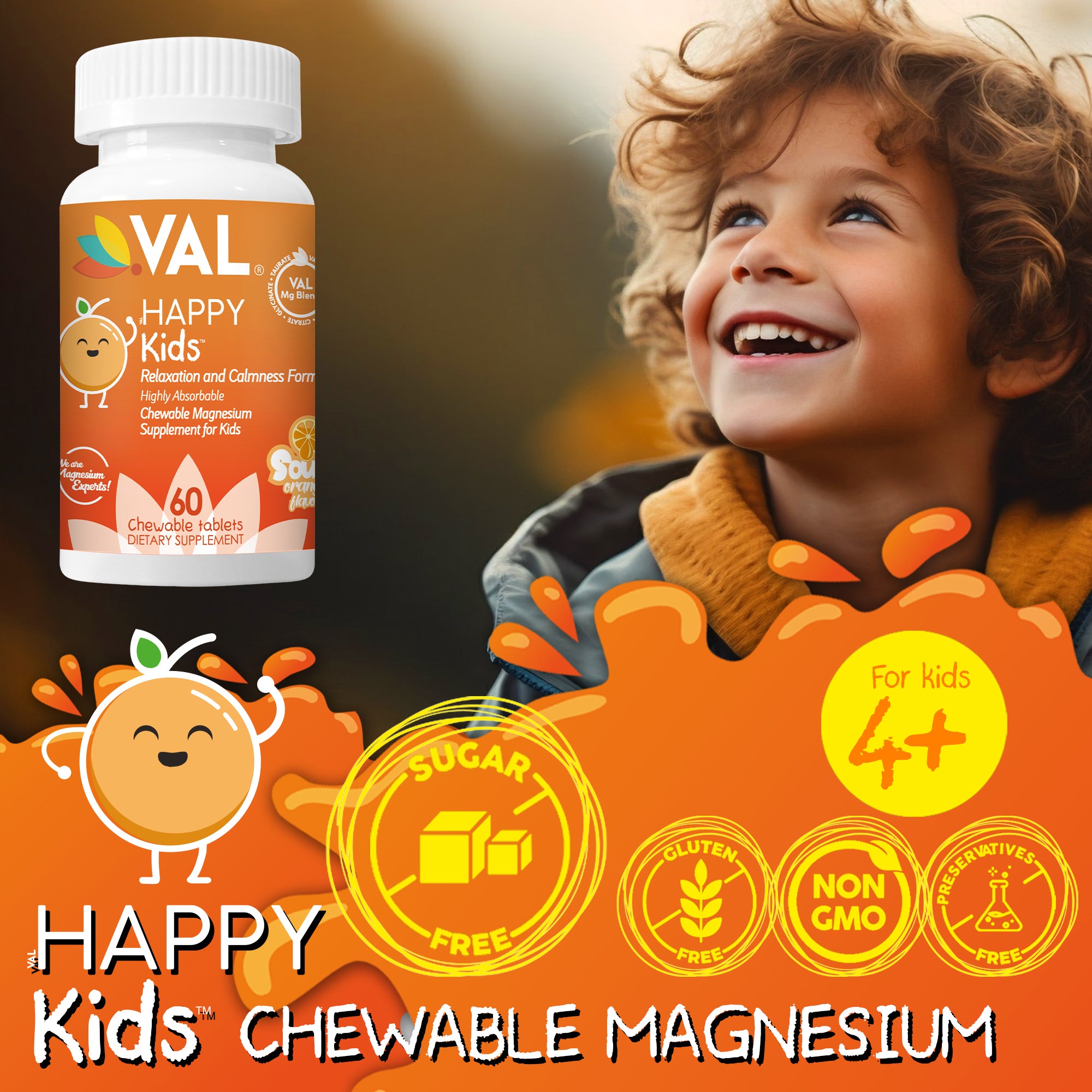 VAL Happy Kids Chewable Magnesium for Kids Relaxation and Calm Formula - 60 Chewable Tablets