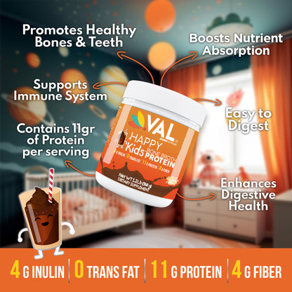 VAL Happy Kids Bone Broth Powder Protein and Collagen Powerhouse: 11g of high-quality protein and 6g of collagen per serving. Enriched with 4g of inulin, Pea Protein, and MCT Oil, Chocolate Fun, 32 servings