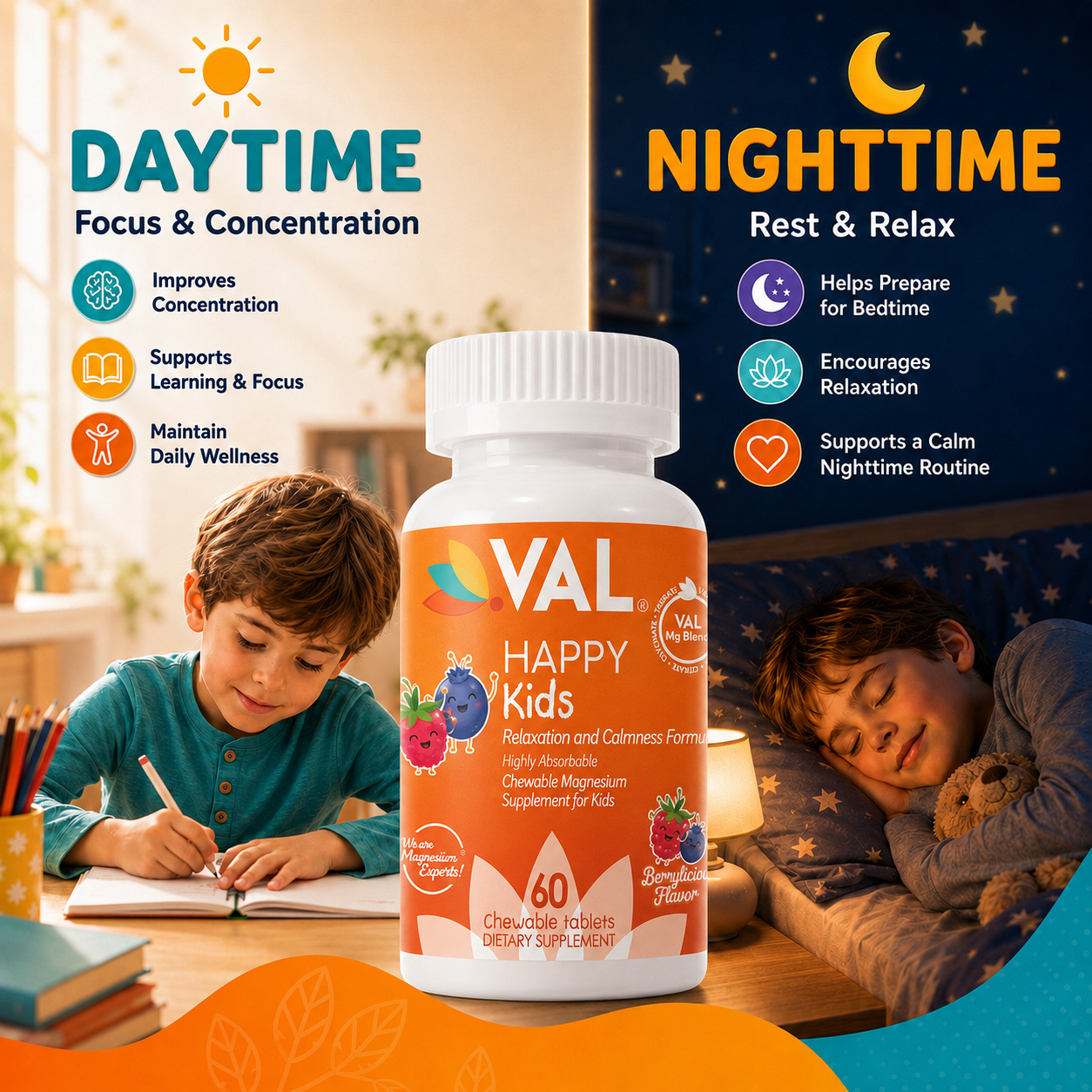 Calm, Focus & Relaxation Sugar-Free Chewable Magnesium for Kids | 60 Tablets | VAL Happy Kids | Berrylicious