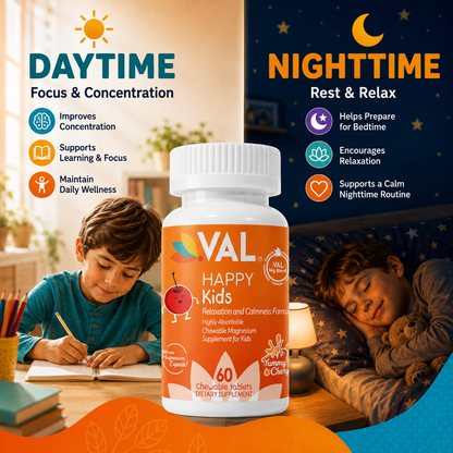 Calm, Focus & Relaxation Sugar-Free Chewable Magnesium for Kids | 60 Tablets | VAL Happy Kids | Yummy Cherry
