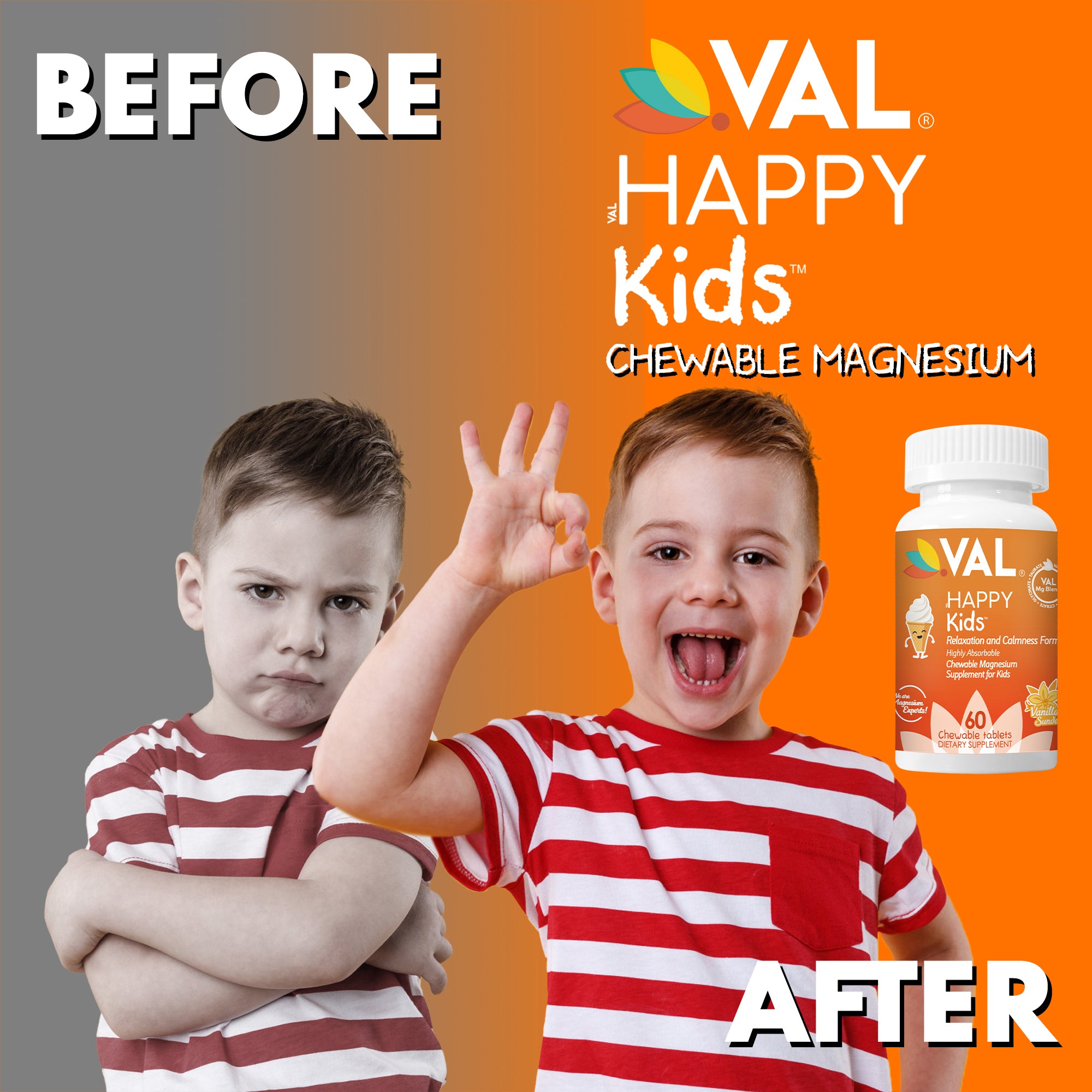 VAL Happy Kids Chewable Magnesium for Kids - Vanilla Sundae Flavor   Relaxation and Calm Formula - 60 Chewable Tablets