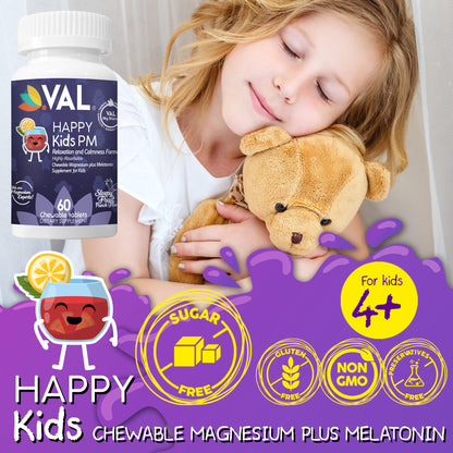 Peaceful Sleep & Bedtime Calm Sugar-Free Chewable – Magnesium + Melatonin, Vitamin B6 & C | 60 Tablets | VAL Happy Kids | Fruit Punch