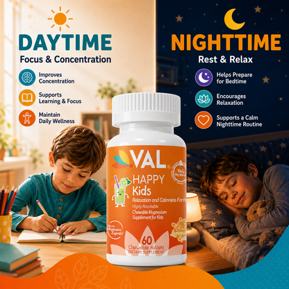 Calm, Focus & Relaxation Sugar-Free Chewable Magnesium for Kids | 60 Tablets | VAL Happy Kids | Lemonade