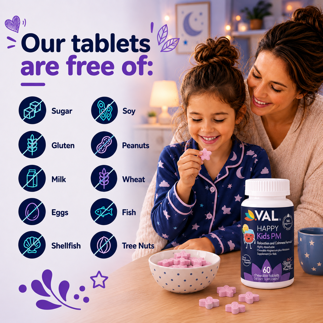 Peaceful Sleep & Bedtime Calm Sugar-Free Chewable – Magnesium + Melatonin, Vitamin B6 & C | 60 Tablets | VAL Happy Kids | Fruit Punch