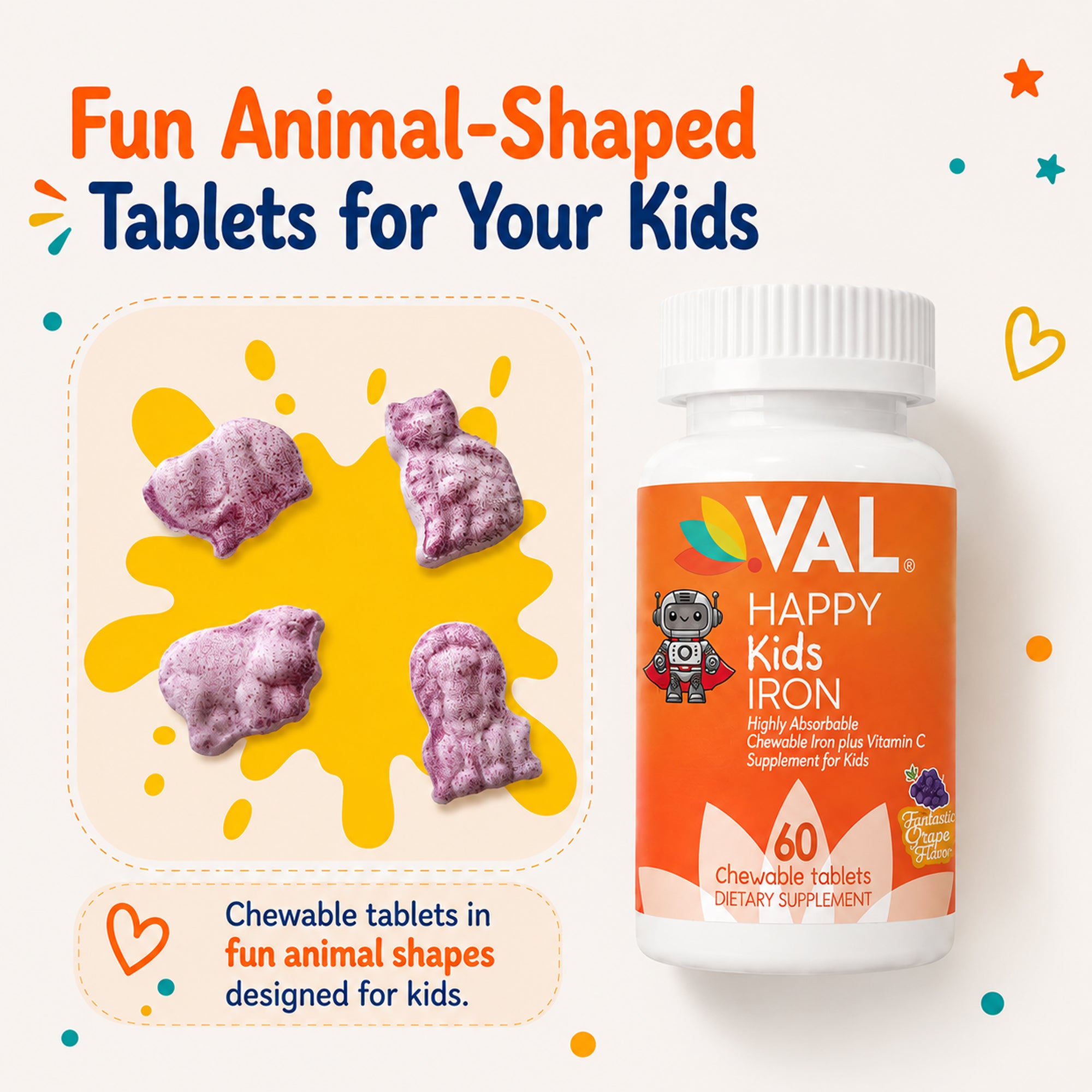 Iron Healthy Energy & Support Chewable for Kids – Sugar-Free | 60 Fun-Shaped Tablets | VAL Happy Kids