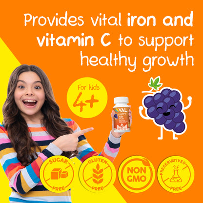 VAL Happy Kids Chewables – Iron and Magnesium Supplement for Kids in Grape Flavor, 60 Tablets