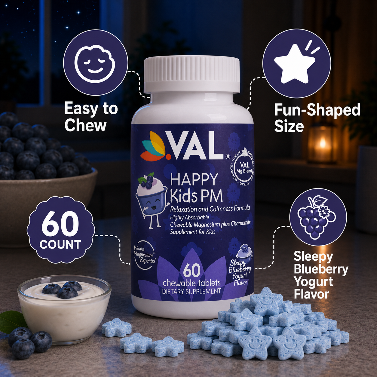 Peaceful Sleep & Bedtime Calm Sugar-Free Chewable – Magnesium + Melatonin, Vitamin B6 & C | 60 Tablets | VAL Happy Kids | Blueberry Yogurt