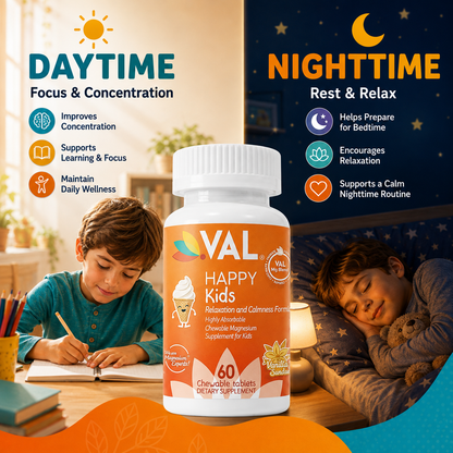 Calm, Focus & Relaxation Sugar-Free Chewable Magnesium for Kids | 60 Tablets | VAL Happy Kids | Vanilla