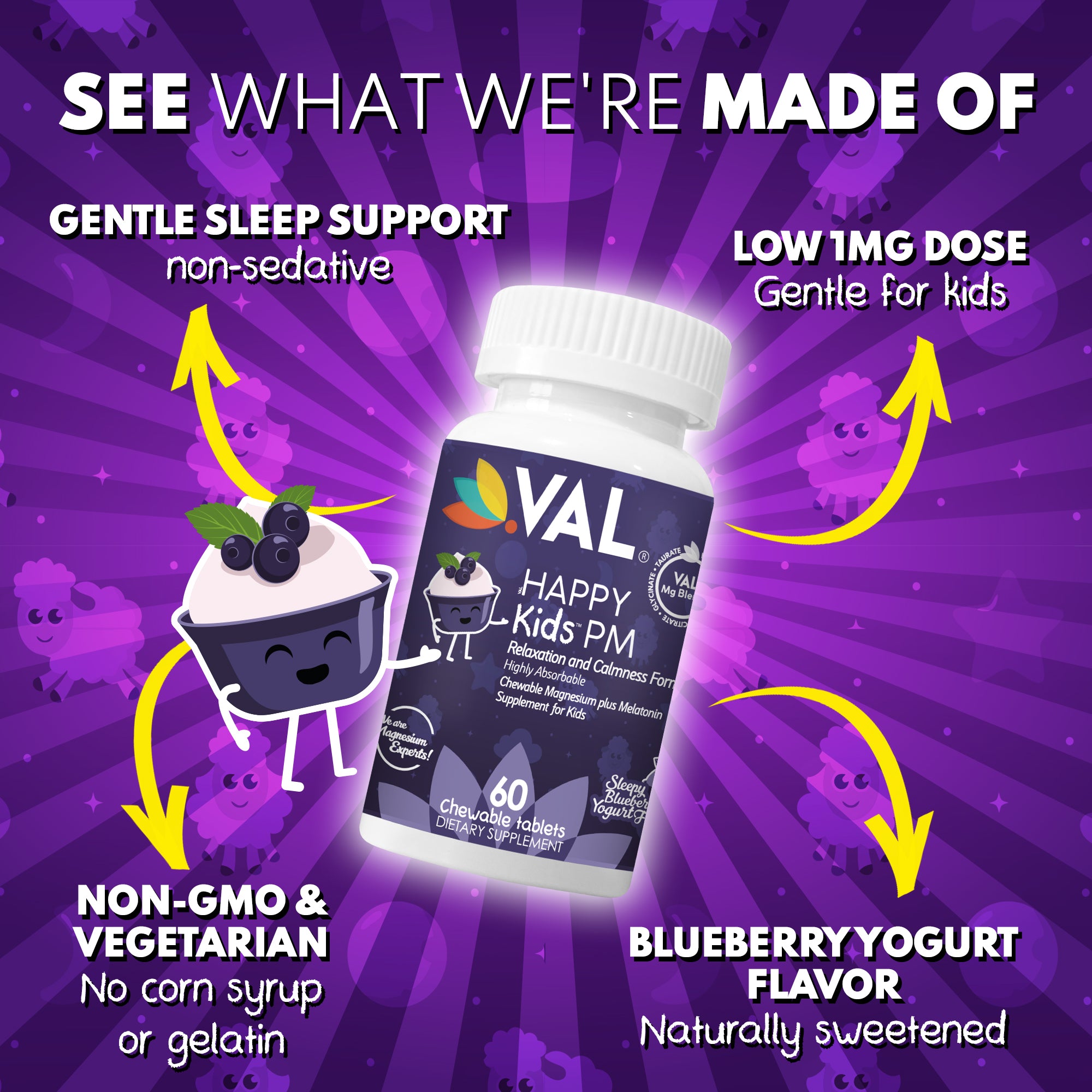 VAL Happy Kids Melatonin plus Magnesium Bedtime Routine Supplement - 60 Chew Tabs