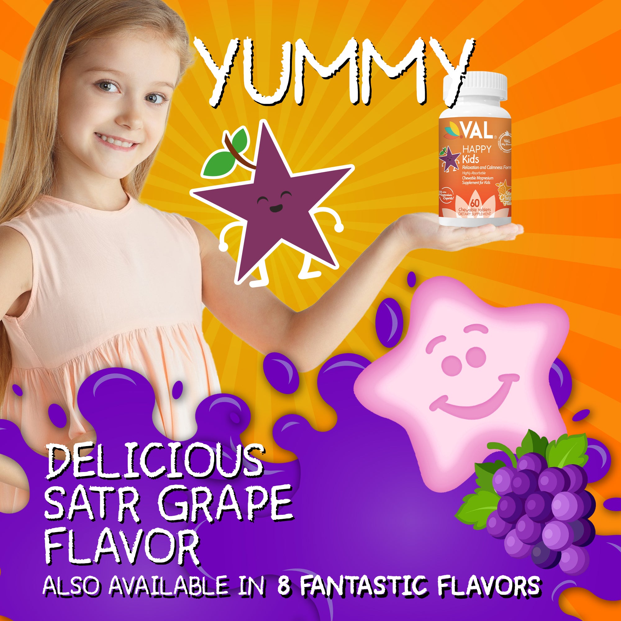 Calm, Focus & Relaxation Sugar-Free Chewable Magnesium for Kids | 60 Tablets | VAL Happy Kids | Star Grape