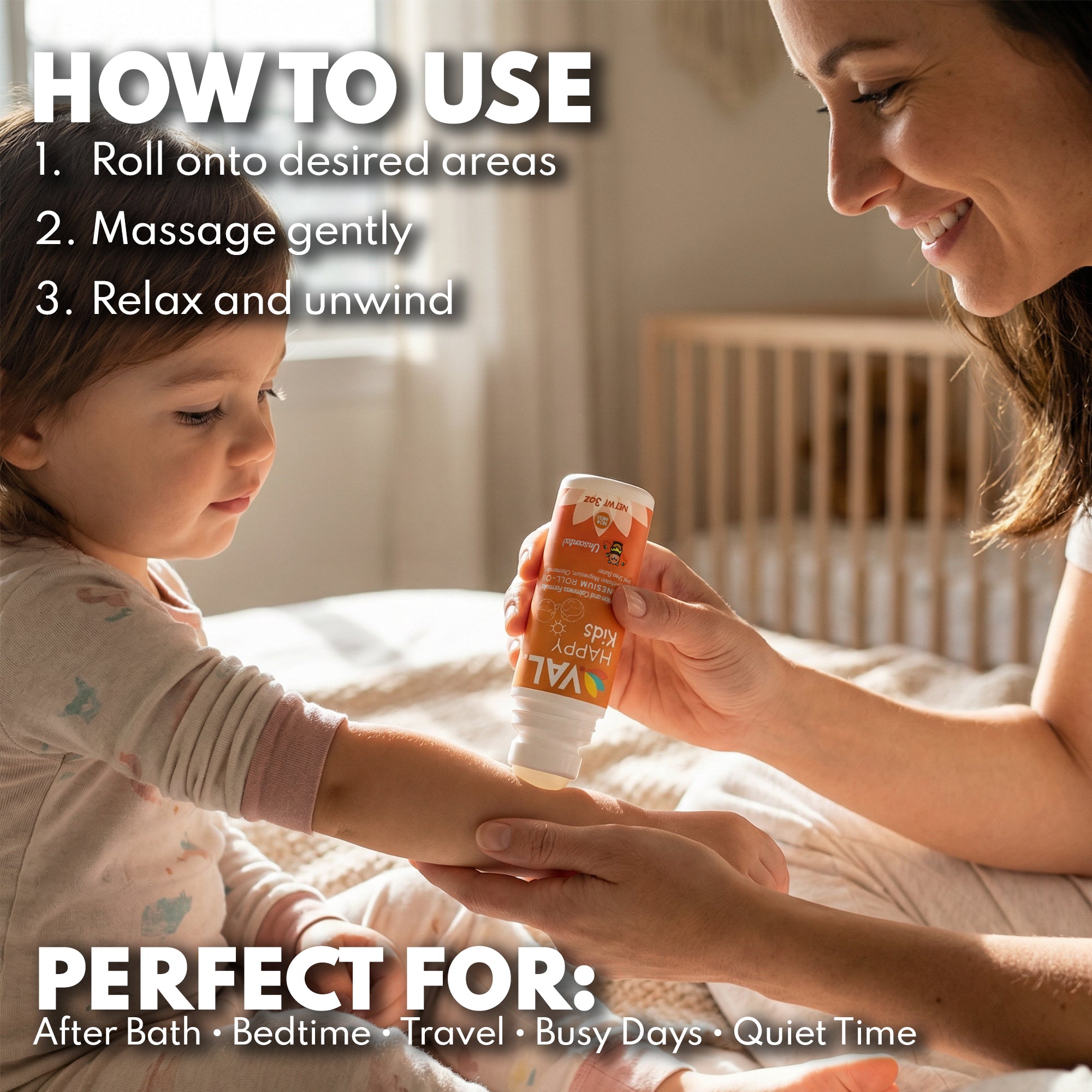 VAL Happy Kids Unscented Magnesium Roll-On, Relaxation & Calm Formula for Kids, Zechstein® Magnesium with Chamomile & Shea Butter, Fragrance-Free, 3 oz