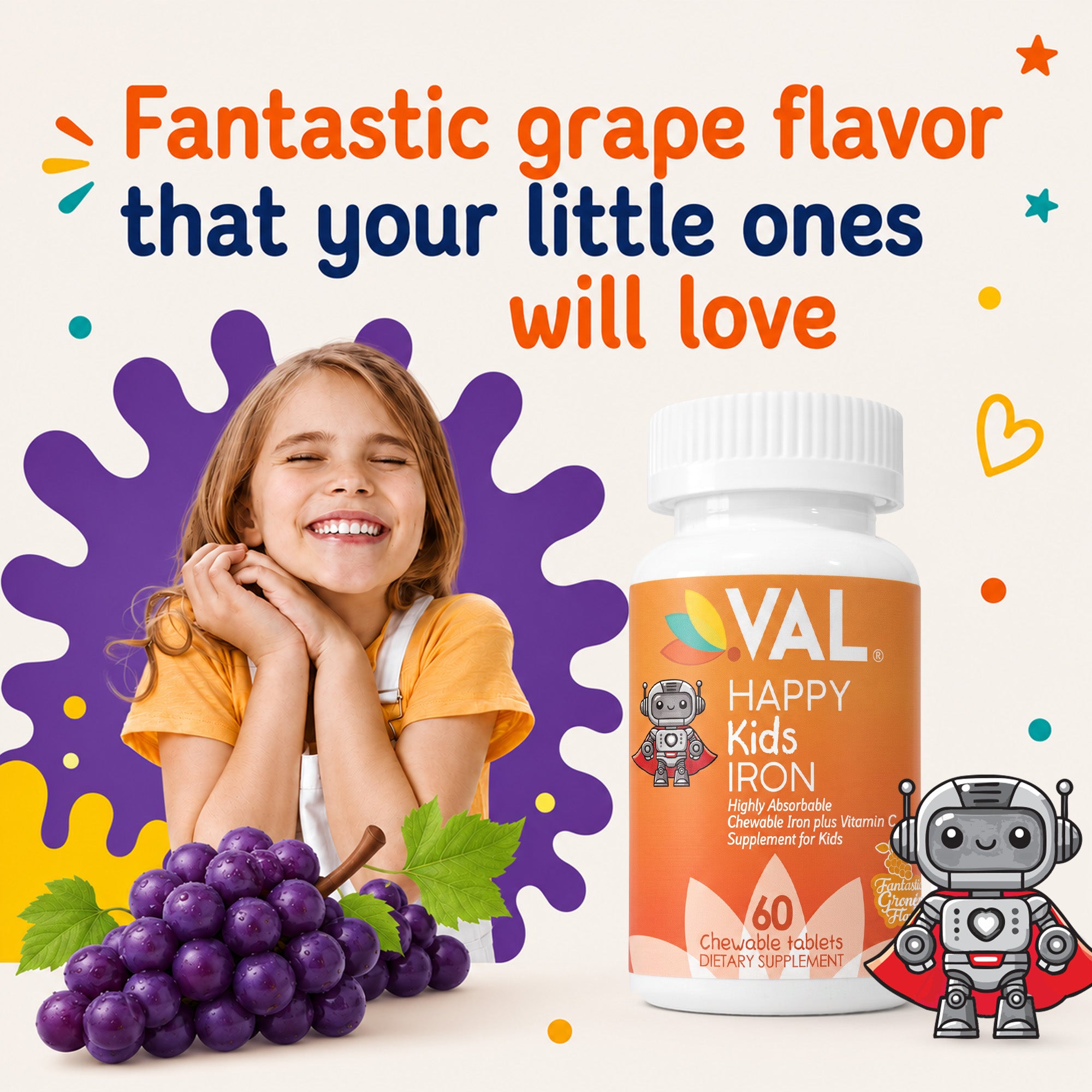 Iron Healthy Energy & Support Chewable for Kids – Sugar-Free | 60 Fun-Shaped Tablets | VAL Happy Kids