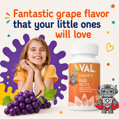 Iron Healthy Energy & Support Chewable for Kids – Sugar-Free | 60 Fun-Shaped Tablets | VAL Happy Kids