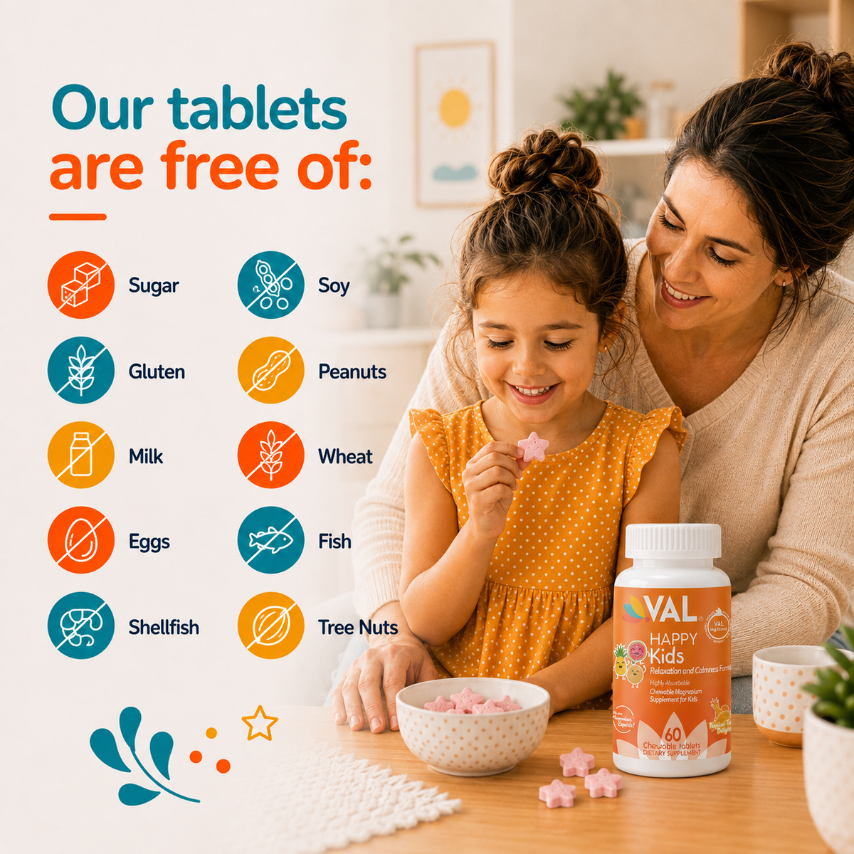 Calm, Focus & Relaxation Sugar-Free Chewable Magnesium for Kids | 60 Tablets | VAL Happy Kids | Tropical Twist