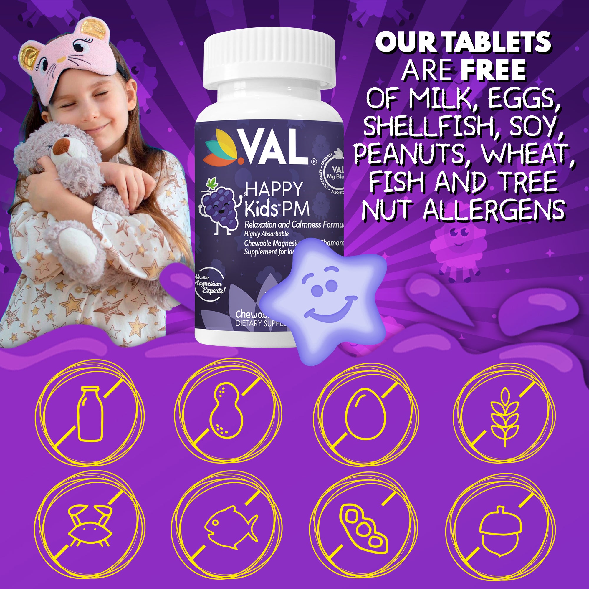 VAL Happy Kids Sleepy Grape PM Chewable: Magnesium, Chamomile, Bedtime Routine Supplement - 60 Chew Tabs60 Sugar-Free Tabs