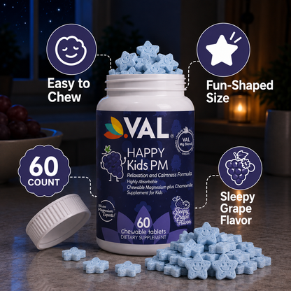 Peaceful Sleep & Bedtime Calm Sugar-Free Chewable – Magnesium + Chamomile | 60 Tablets | VAL Happy Kids