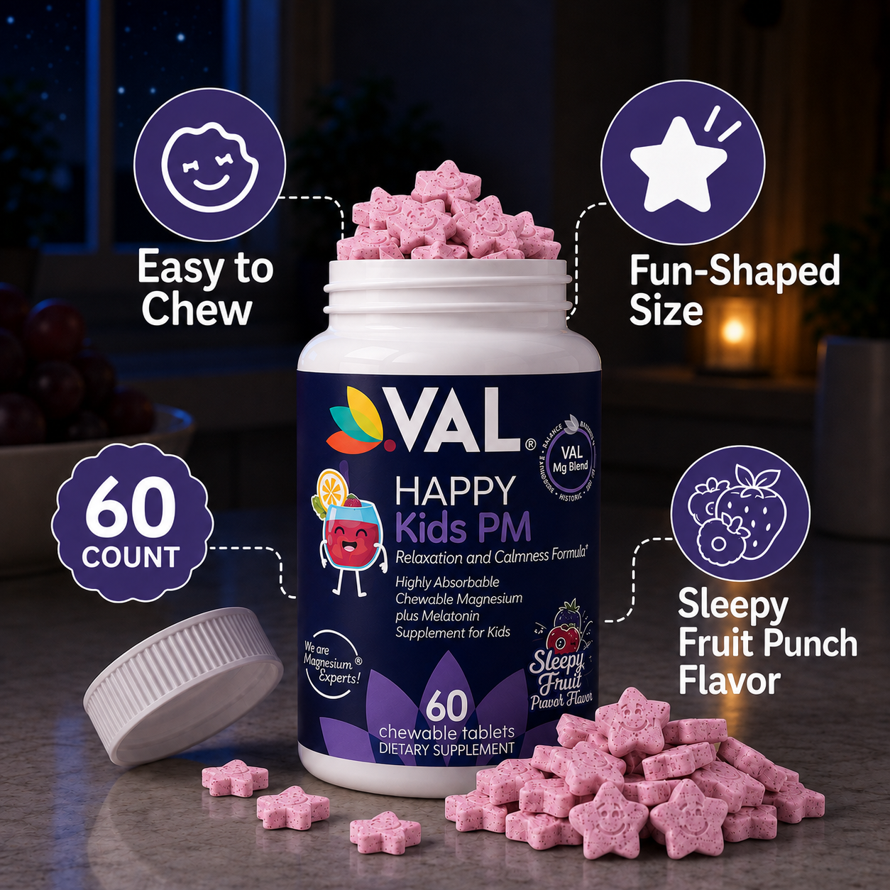 Peaceful Sleep & Bedtime Calm Sugar-Free Chewable – Magnesium + Melatonin, Vitamin B6 & C | 60 Tablets | VAL Happy Kids | Fruit Punch