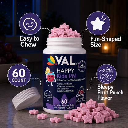 Peaceful Sleep & Bedtime Calm Sugar-Free Chewable – Magnesium + Melatonin, Vitamin B6 & C | 60 Tablets | VAL Happy Kids | Fruit Punch