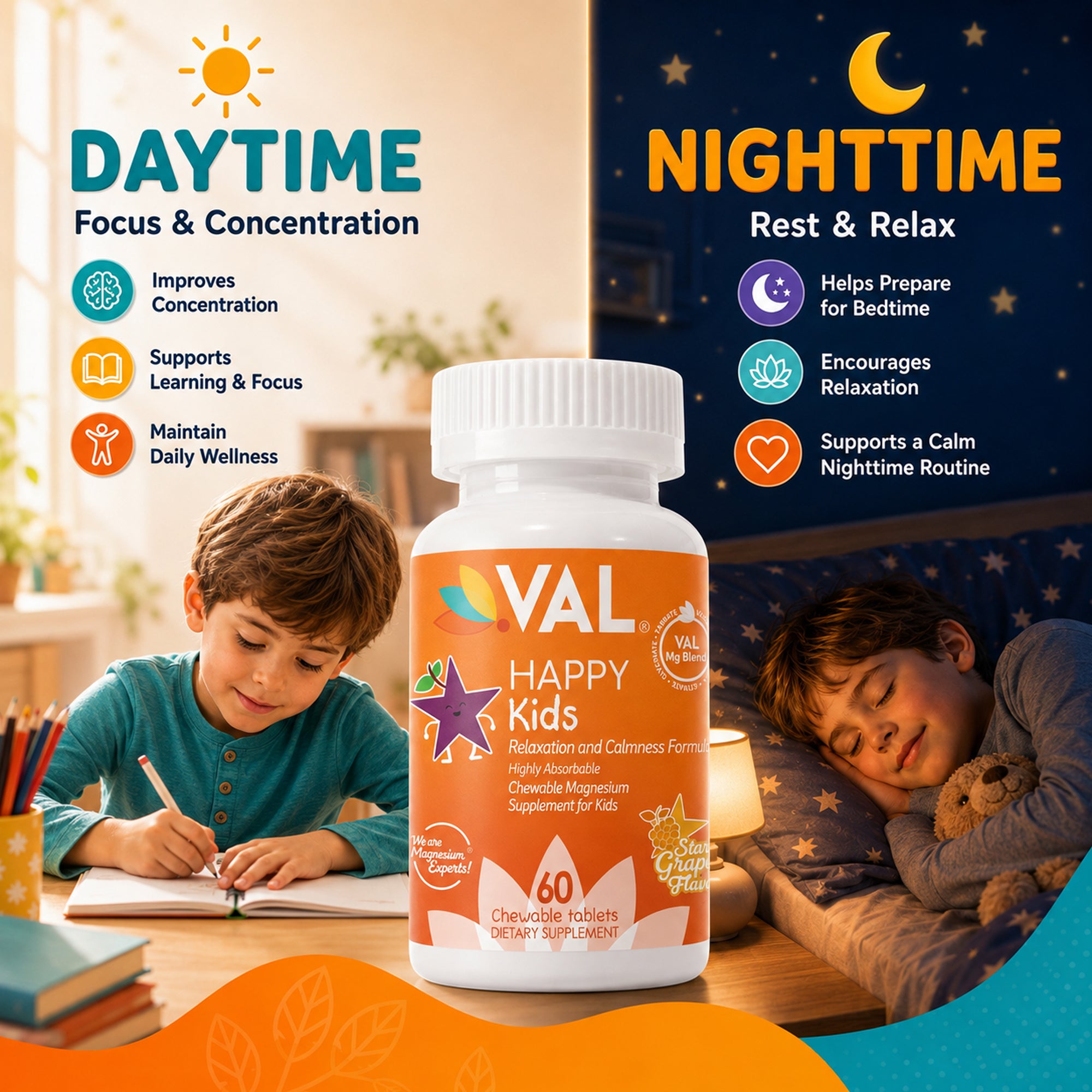 Calm, Focus & Relaxation Sugar-Free Chewable Magnesium for Kids | 60 Tablets | VAL Happy Kids | Star Grape